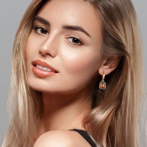 18K Yellow Gold with Vitrail Medium Crystal Dangling Octagon Huggie Earrings - Picture 6 of 7